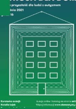 Na gradientowym, niebiesko-zielonym tle prosta, geometryczna, biała ilustracja domu, w którego elewację wpisany jest kształt przypominający dywan. Nad grafiką duży biały napis "AUKCJA DLA DOMU. Dobra przyszłość dla ludzi z autyzmem, 4 grudnia 2021, godz. 16".