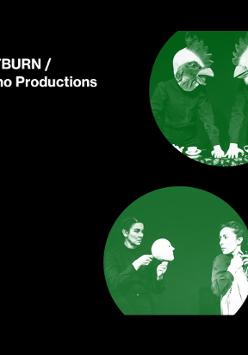 Zdjęcia aktorów występujących w spektaklu i nazwa wydarzenia.