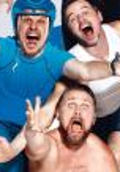 Baner ze zdjęciem aktorów grających w spektaklu.