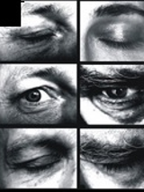Czarno-biały kolaż fotograficzny. Na kolejnych kadrach widać zbliżenia ludzkich oczu.