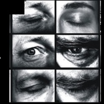 Czarno-biały kolaż fotograficzny. Na kolejnych kadrach widać zbliżenia ludzkich oczu.
