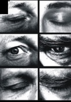 Czarno-biały kolaż fotograficzny. Na kolejnych kadrach widać zbliżenia ludzkich oczu.