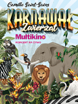 Nazwa wydarzenia naniesiona na obrazek ze zwierzętami afrykańskimi jak lew, słoń, zebra. W około roślinność puszczy.