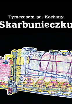 Lokomotywa namalowana kolorowymi kredkami. Powyżej nazwa wydarzenia.