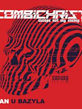 Na czerwonym tle czarna czaszka i biały napis "combichrist".
