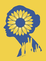 Na żółtym tle wizerunek profilu kobiety w kolorze niebieskim. Na nią nałożony wizerunek słonecznika i dłonie w geście zwycięstwa.