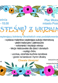 Informacje o wydarzeniu w otoczeniu kwiatów.