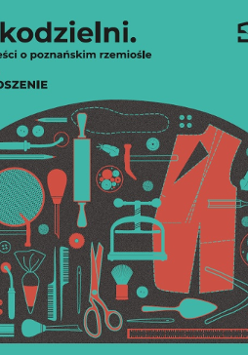 Zielonkawy baner z rysunkami różnych narzędzi ręcznych i nazwą wydarzenia.