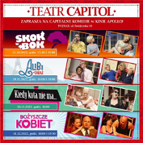 Zdjęcia aktorów występujących w spektaklu i nazwa wydarzenia.