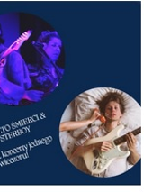 Baner zapowiadający koncert SALTO ŚMIERCI & OYSTERBOY - na granatowym tle wpisane w koła fotografie zespołów, w dolnym rogu obrazu tekst SALTO ŚMIERCI & OYSTERBOY. 2 koncerty jednego wieczoru.