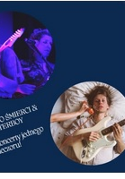 Baner zapowiadający koncert SALTO ŚMIERCI & OYSTERBOY - na granatowym tle wpisane w koła fotografie zespołów, w dolnym rogu obrazu tekst SALTO ŚMIERCI & OYSTERBOY. 2 koncerty jednego wieczoru.