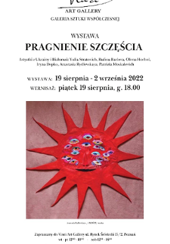Zaproszenie na wystawę z informacjami o nazwie i czasie wystawy, a także jedna z prac artystki.