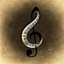 Na brązowym tle, klucz wiolinowy składający się z klawiatury fortepianowej.