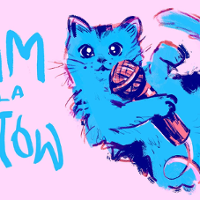 Baner promujący wydarzenie. NA różowym tle niebieski kotek trzymający czerwono-granatowy mikrofon, a obok niego również niebieski napis "slam dla kotów".