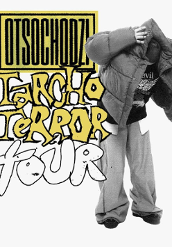 Baner promujący wydarzenie. Nazwa wydarzenia i zdjęcie zrtysty zakrywającego się kurtką.