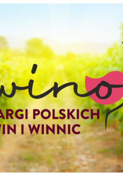 Baner promujący wydarzenie. Nazwa wydarzenia z niewyraźnym zdjęciem winnicy w tle.