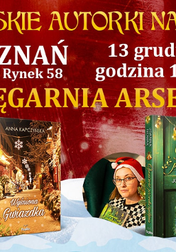 Baner promujący wydarzenie. Zdjęcia autorek i ich książek na biało czerwonym świątecznym tle. Powyżej informacje o nazwie, miejscu i dacie wydarzenia.