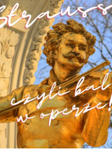 Baner promujący wydarzenie. Nazwa wydarzenia. Zdjęcie pomnika Straussa.