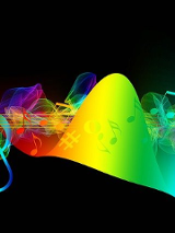 Na czarnym tle kolorowa pięciolinia z nutami.