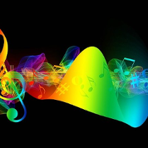 Na czarnym tle kolorowa pięciolinia z nutami.