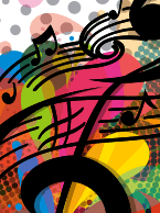 Baner promujący wydarzenie. Nuty i klucz wiolinowy na kolorowych barwach w tle.