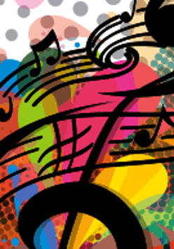 Baner promujący wydarzenie. Nuty i klucz wiolinowy na kolorowych barwach w tle.