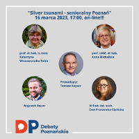 Baner promujący wydarzenie. Nazwa wydarzenia i zdjęcia osób wezmących udział w debacie.