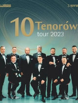 Baner promujący wydarzenie. Nazwa wydarzenia i zdjęcie artystów w ciemnych garniturach i białych koszulach z czarnymi muchami.