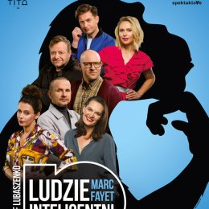 Zdjęcia aktorów występujących w spektaklu i nazwa wydarzenia.