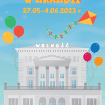 Rysunek fasady budynku arkadii. Kolorowe baloniki i latawiec. Tło niebieskie. Czuć radość.