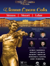 Baner z widokiem opery wiedeńskiej oraz złotym pomnikiem Straussa.