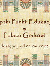 Baner promujący wydarzenie. Nazwa wydarzenia i data. Egipskie motywy po bokach. Całość na papirusie.
