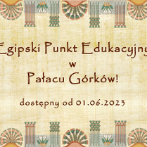 Baner promujący wydarzenie. Nazwa wydarzenia i data. Egipskie motywy po bokach. Całość na papirusie.
