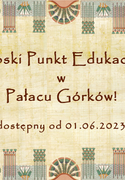 Baner promujący wydarzenie. Nazwa wydarzenia i data. Egipskie motywy po bokach. Całość na papirusie.
