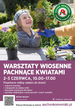 Baner promujący wydarzenie. Nazwa wydarzenia i data. Zdjęcie radosnego dziecka sadzącego roślinkę.