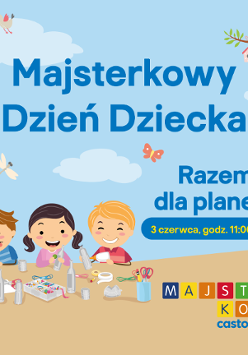 Baner promujący wydarzenie. Nazwa wydarzenia i data. Rysunek trójki radosnych dzieci w trakcie warsztatów.