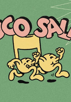 Baner promujący wydarzenie. Dwie żółte kulki biegnące, złączone w nutkę. Zielone tło.