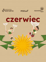Baner promujący wydarzenie. Na brązowym tle wycinanki - dwoje dzieci z dmuchawcami i mlecze.