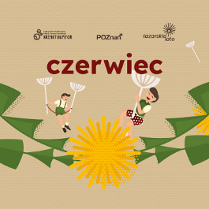 Baner promujący wydarzenie. Na brązowym tle wycinanki - dwoje dzieci z dmuchawcami i mlecze.