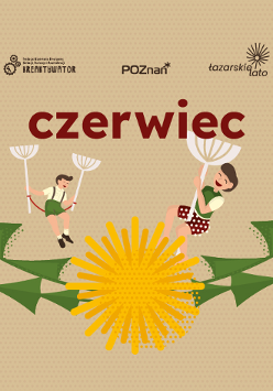 Baner promujący wydarzenie. Na brązowym tle wycinanki - dwoje dzieci z dmuchawcami i mlecze.