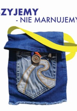 Baner promujący wydarzenie. Nazwa wydarzenia i torebka z niebieskiego jeansu z żółtym paskiem.