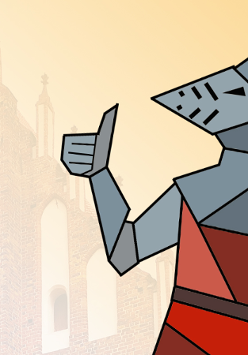 Rysunek rycerza w pełnej zbroi pokazującego gest ok. W tle półprzeźroczyćie widać fragment kościoła. Całość na różnożółtym tle.