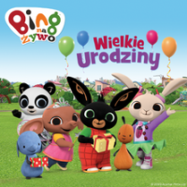 Baner promujący wydarzenie. Nazwa wydarzenia. Postacie z Bajki: panda, zajączek, piesek, myszka...