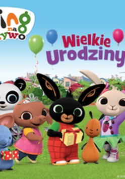 Baner promujący wydarzenie. Nazwa wydarzenia. Postacie z Bajki: panda, zajączek, piesek, myszka...