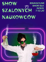 Baner promujący wydarzenie. Nazwa wydarzenia. Na fioletowym tle kobieta naukowiec/laborantka w białym kitlu i zielonych goglach. W rękach trzyma dwie zlewki z zielonym i czerwonym płynem.