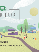 Baner promujący wydarzenie. Nazwa wydarzenia i data. Obrazek prezentujący fragment parku z drzewami, rozstawionymi food truckami i ludźmi spacerującymi i jedzącymi.