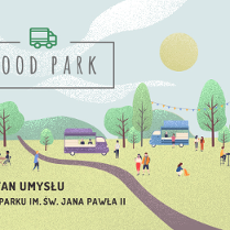 Baner promujący wydarzenie. Nazwa wydarzenia i data. Obrazek prezentujący fragment parku z drzewami, rozstawionymi food truckami i ludźmi spacerującymi i jedzącymi.