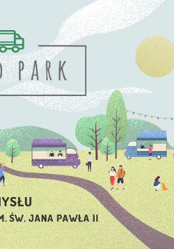 Baner promujący wydarzenie. Nazwa wydarzenia i data. Obrazek prezentujący fragment parku z drzewami, rozstawionymi food truckami i ludźmi spacerującymi i jedzącymi.