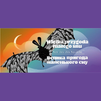 Baner promujący wydarzenie. Nazwa wydarzenia. Rysunek nietoperza na tle fantazyjnie kolorowego nieba z sierpem księżyca.