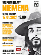 Baner promujący wydarzenie. Nazwa wydarzenia i rysunek wizerunku Czesława Niemena.